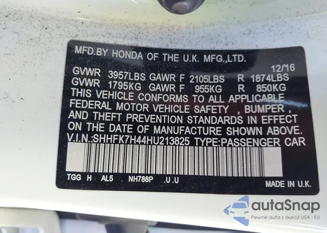 2017 Honda Civic Sport из США, поврежденный, VIN SHHFK7H44HU213825